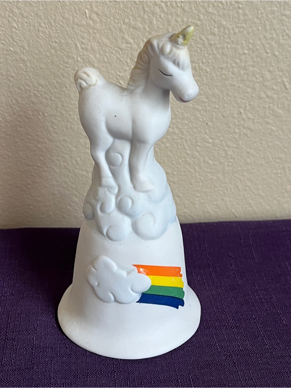 White Ceramic Unicorn Bell with Rainbow Accent Vintage 80s